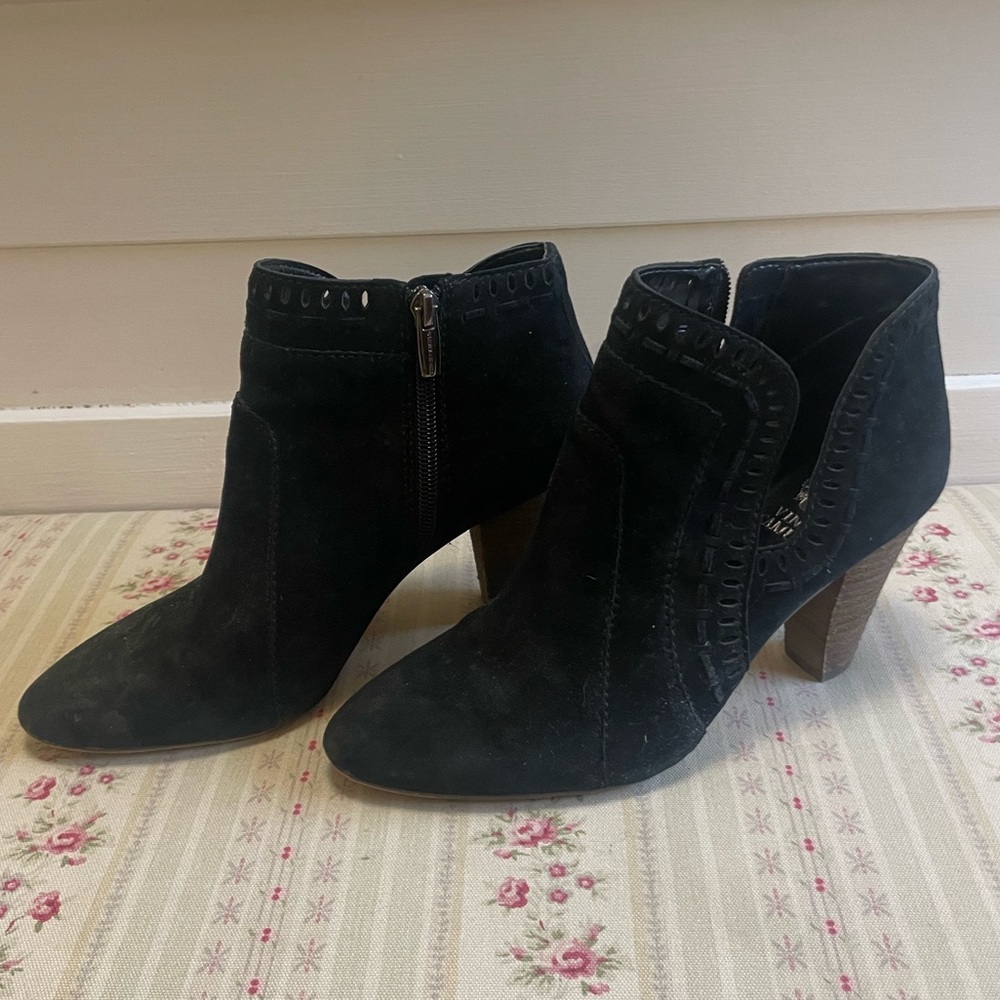 Vince Camuto black suede heeled ankle boots, beautiful side detail